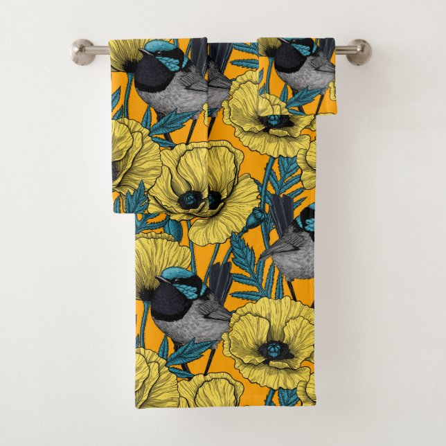 Fairy wren and poppies in yellow bath towel set (Insitu)