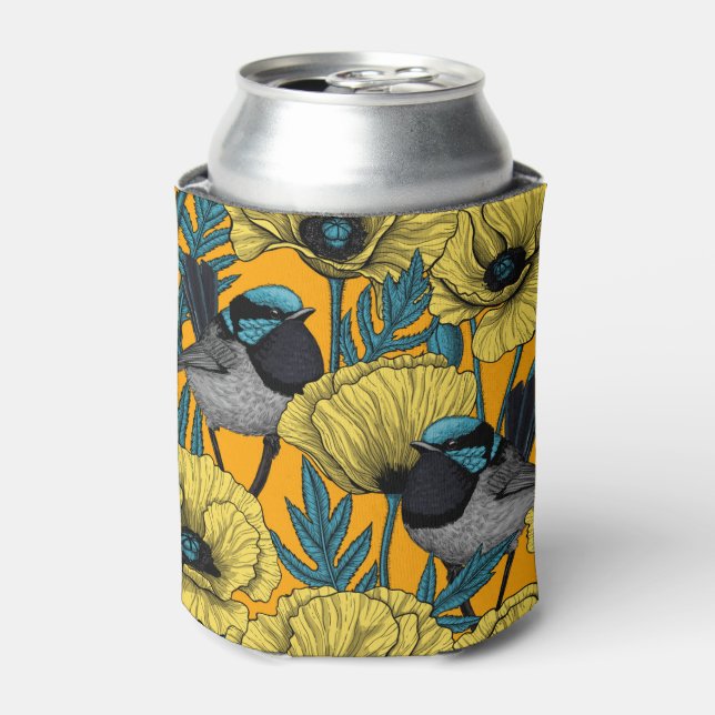 Fairy wren and poppies in yellow can cooler (Can Front)