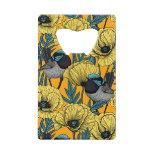 Fairy wren and poppies in yellow credit card bottle opener