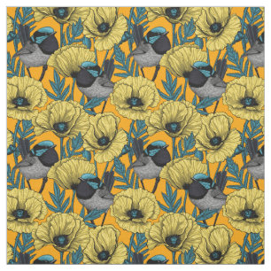 Fairy wren and poppies in yellow fabric
