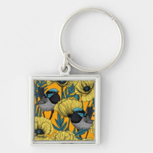 Fairy wren and poppies in yellow keychain