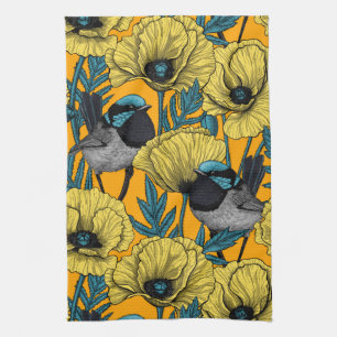 Fairy wren and poppies in yellow kitchen towel