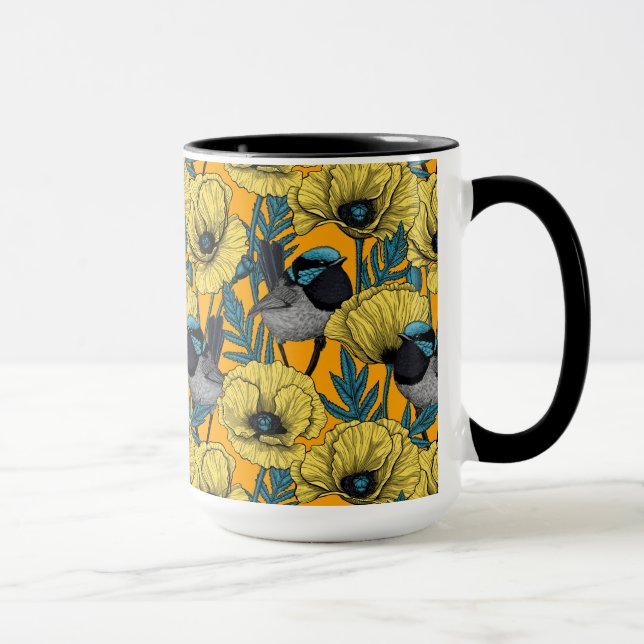 Fairy wren and poppies in yellow mug (Right)