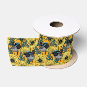 Fairy wren and poppies in yellow satin ribbon