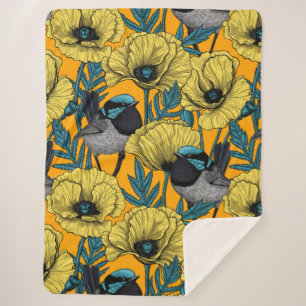 Fairy wren and poppies in yellow sherpa blanket