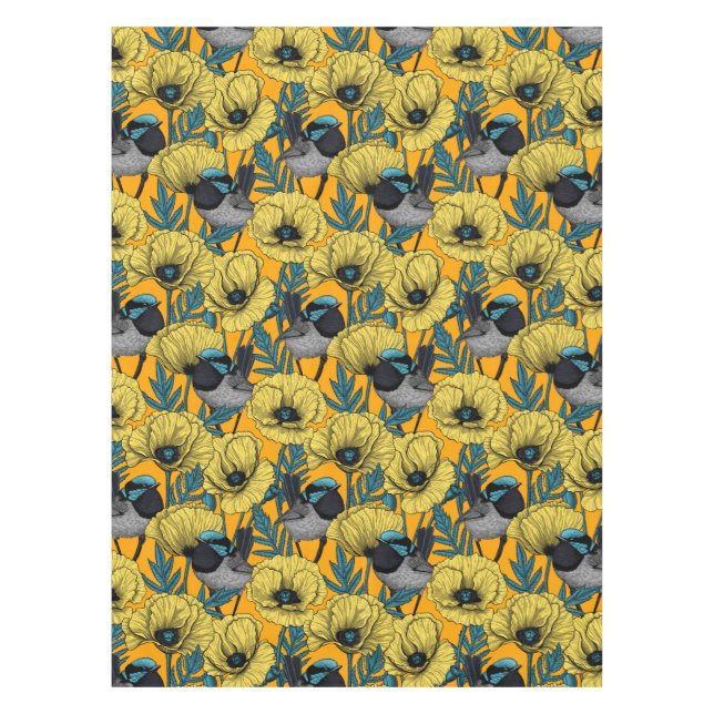 Fairy wren and poppies in yellow tablecloth (Front)