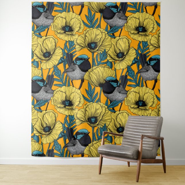 Fairy wren and poppies in yellow tapestry (In Situ)
