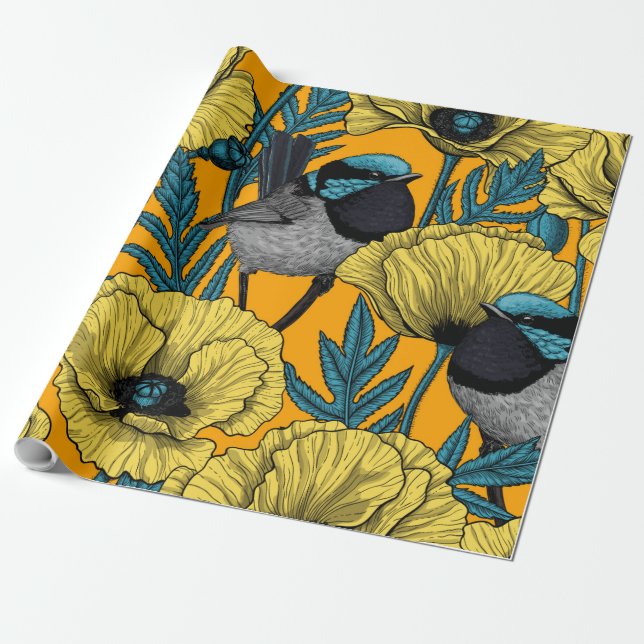 Fairy wren and poppies in yellow wrapping paper (Unrolled)