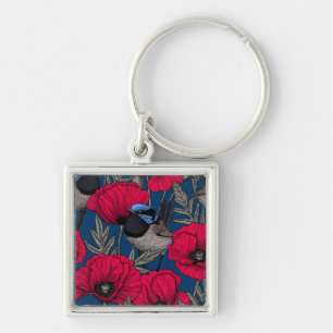 Fairy wren and poppies keychain