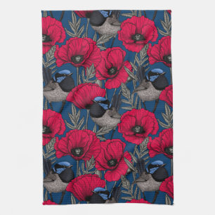 Fairy wren and poppies kitchen towel