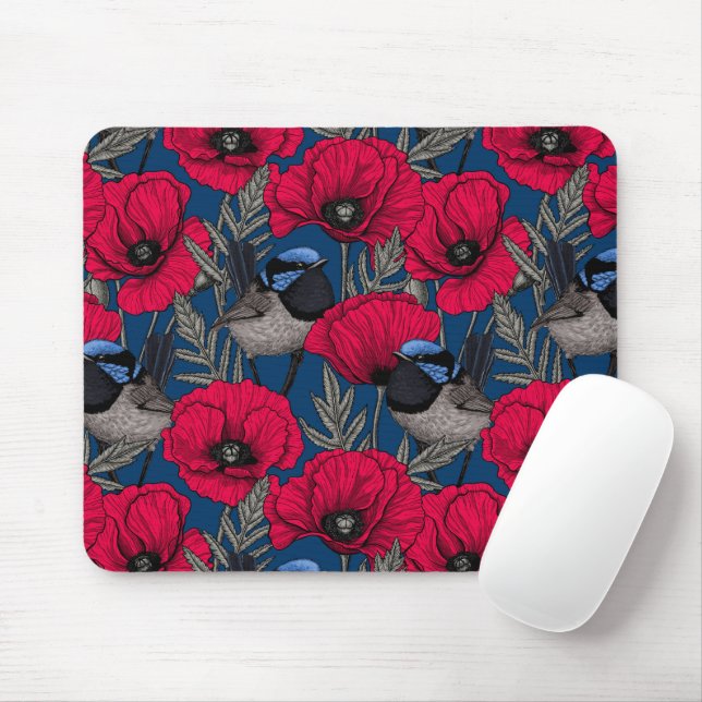 Fairy wren and poppies mouse pad (With Mouse)