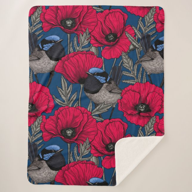 Fairy wren and poppies sherpa blanket (Front)