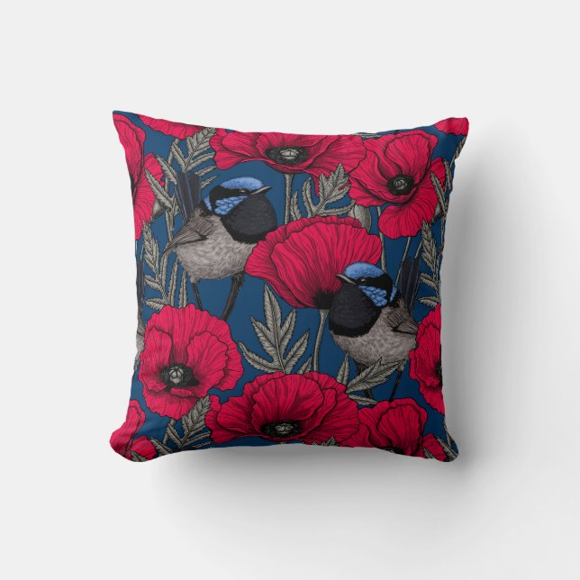 Fairy wren and poppies throw pillow (Front)