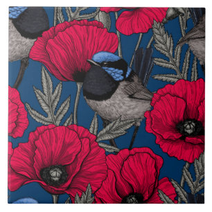 Fairy wren and poppies tile