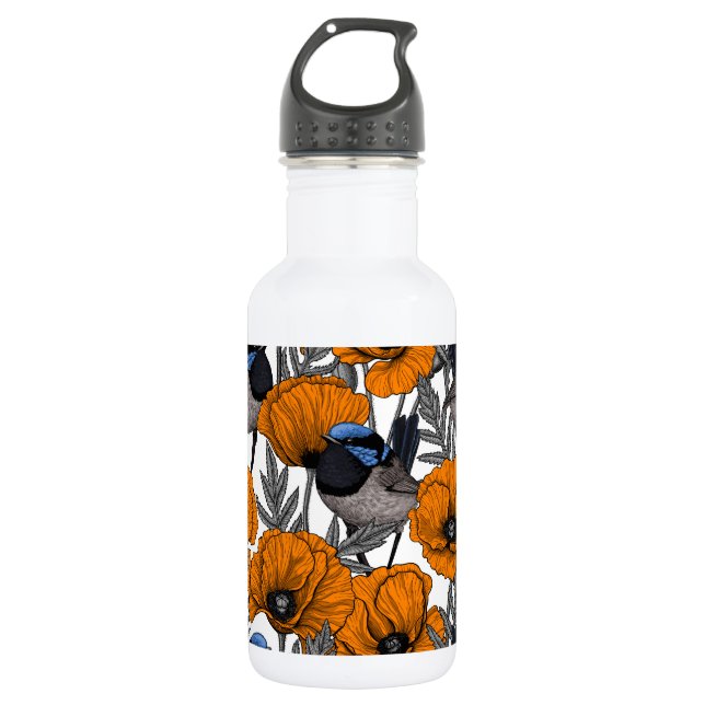 Fairy wrens and orange poppy flowers 2 532 ml water bottle (Front)
