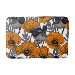Fairy wrens and orange poppy flowers 2 bath mat