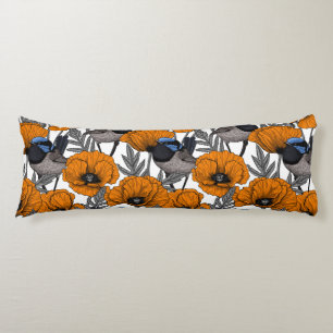 Fairy wrens and orange poppy flowers 2 body pillow