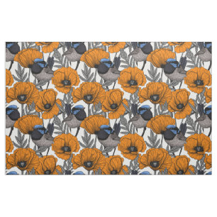 Fairy wrens and orange poppy flowers 2 fabric