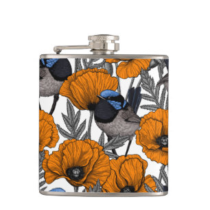 Fairy wrens and orange poppy flowers 2 hip flask