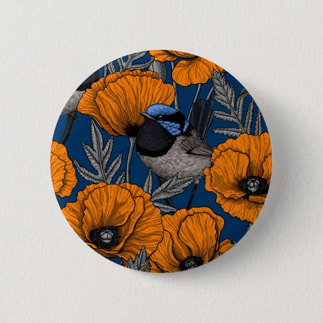 Fairy wrens and orange poppy flowers 2 inch round button (Front)