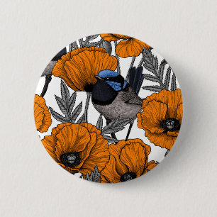 Fairy wrens and orange poppy flowers 2 inch round button