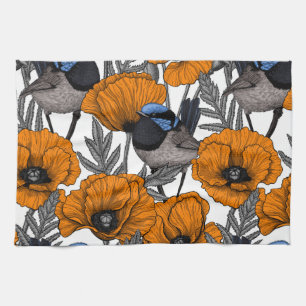 Fairy wrens and orange poppy flowers 2 kitchen towel