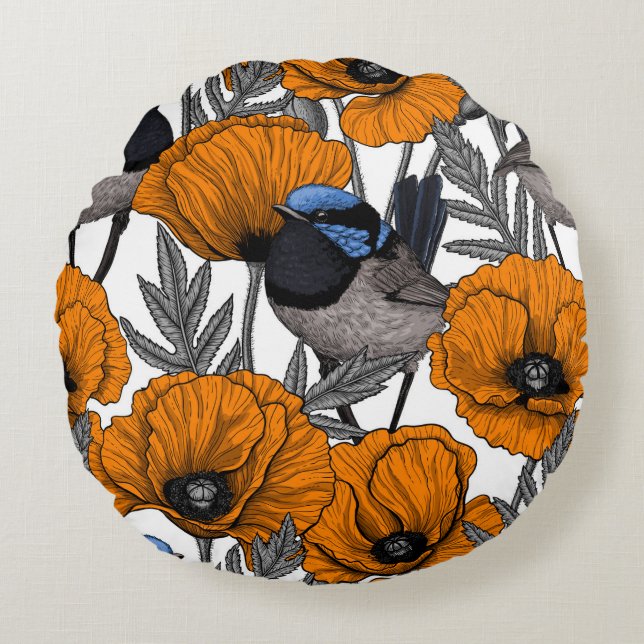 Fairy wrens and orange poppy flowers 2 round pillow (Front)