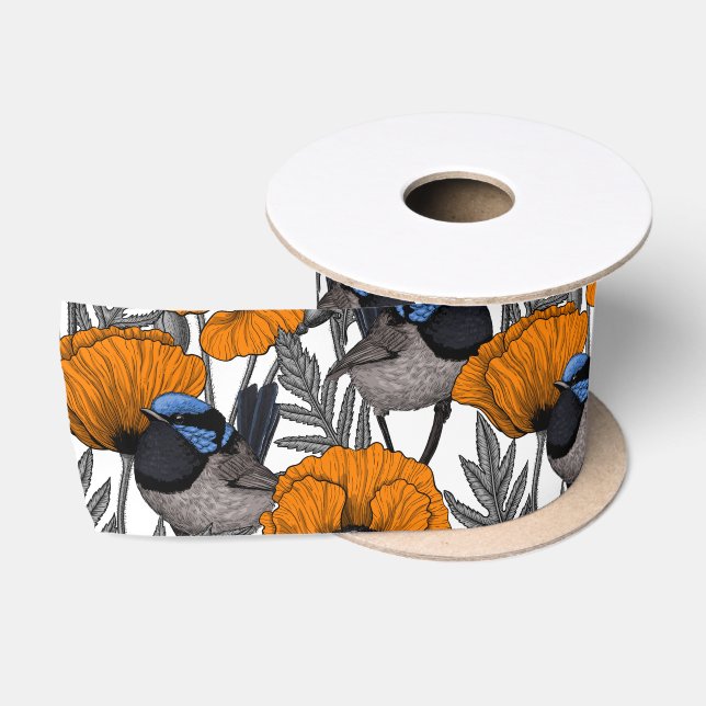 Fairy wrens and orange poppy flowers 2 satin ribbon (Spool)