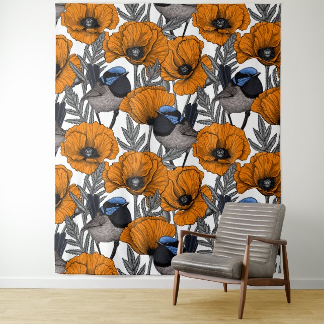 Fairy wrens and orange poppy flowers 2 tapestry (In Situ)