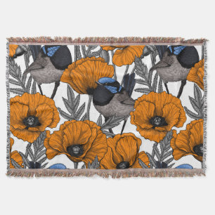 Fairy wrens and orange poppy flowers 2 throw blanket