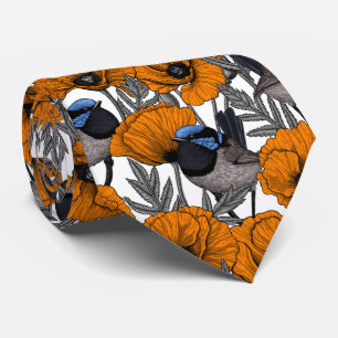 Fairy wrens and orange poppy flowers 2 tie