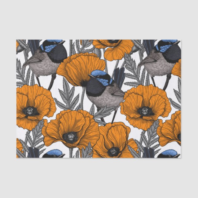 Fairy wrens and orange poppy flowers 2 tissue paper (Front)