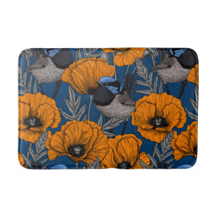 Fairy wrens and orange poppy flowers bath mat