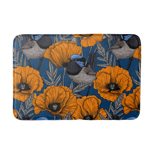 Fairy wrens and orange poppy flowers bath mat (Front)