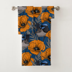 Fairy wrens and orange poppy flowers bath towel set