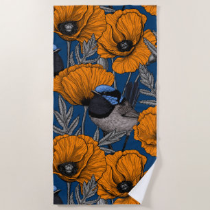 Fairy wrens and orange poppy flowers beach towel