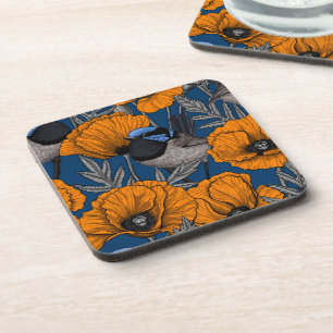 Fairy wrens and orange poppy flowers coaster