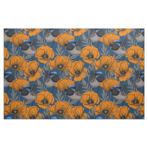 Fairy wrens and orange poppy flowers fabric