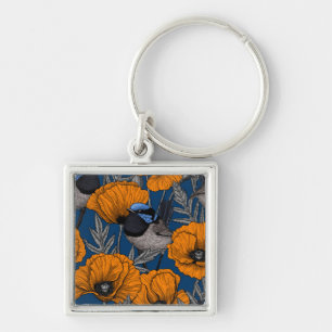 Fairy wrens and orange poppy flowers keychain