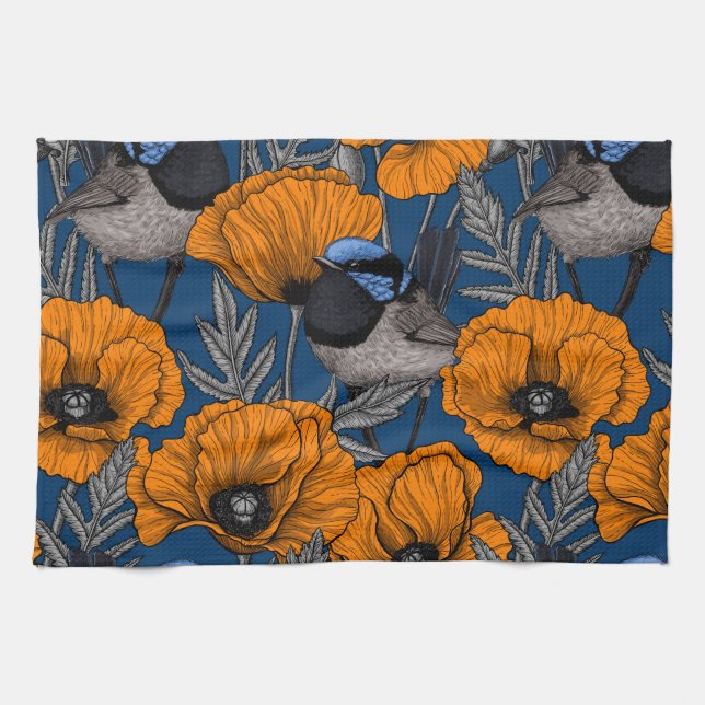 Fairy wrens and orange poppy flowers kitchen towel (Horizontal)