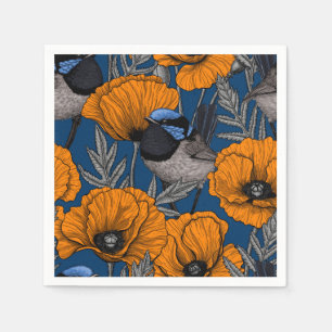 Fairy wrens and orange poppy flowers napkin