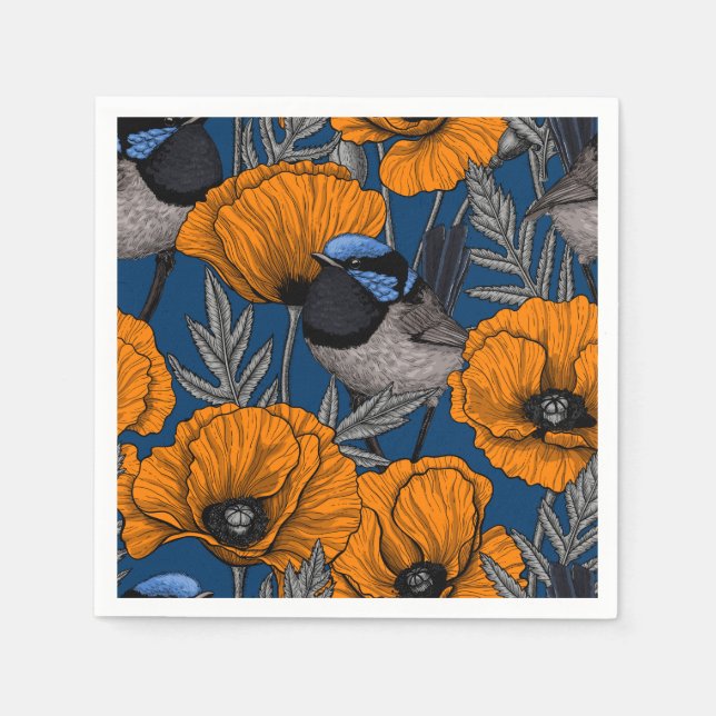 Fairy wrens and orange poppy flowers napkin (Front)