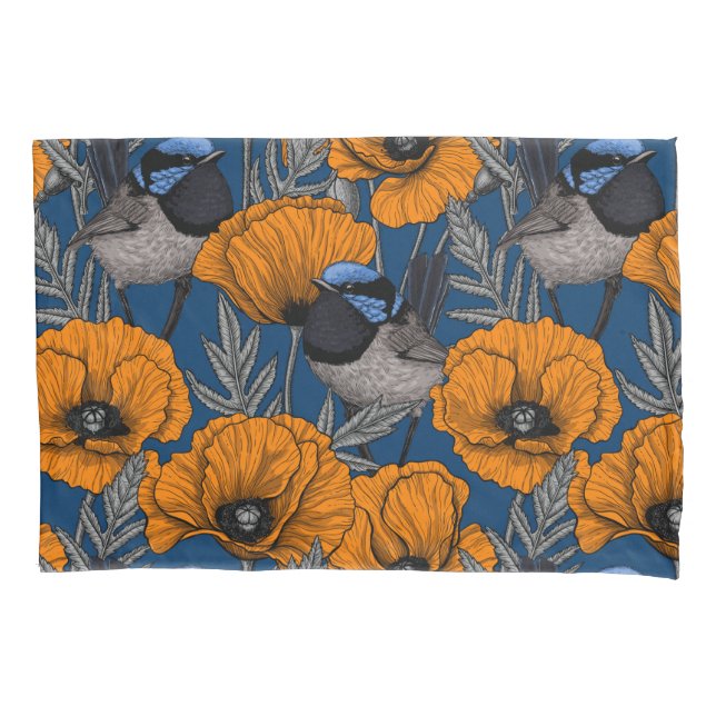 Fairy wrens and orange poppy flowers pillowcase (Front-Left)