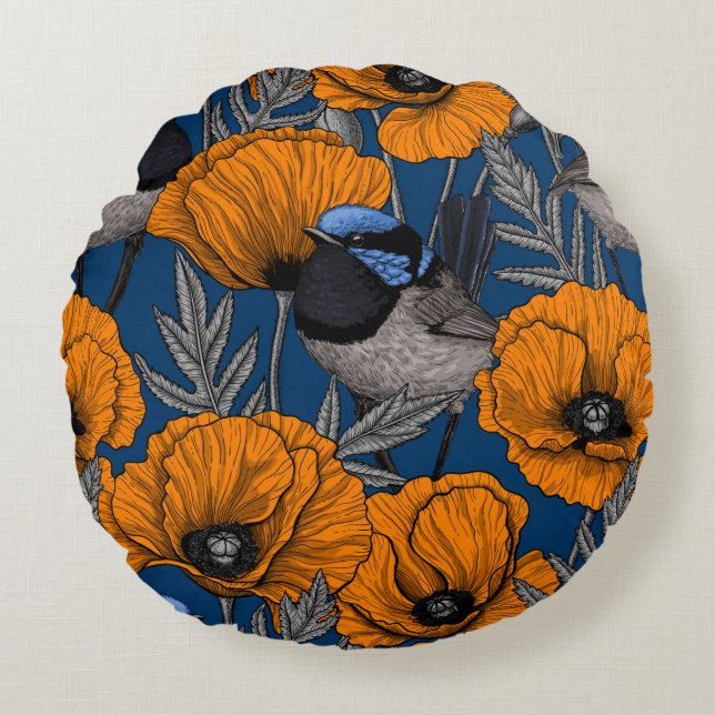 Fairy wrens and orange poppy flowers round pillow (Front)
