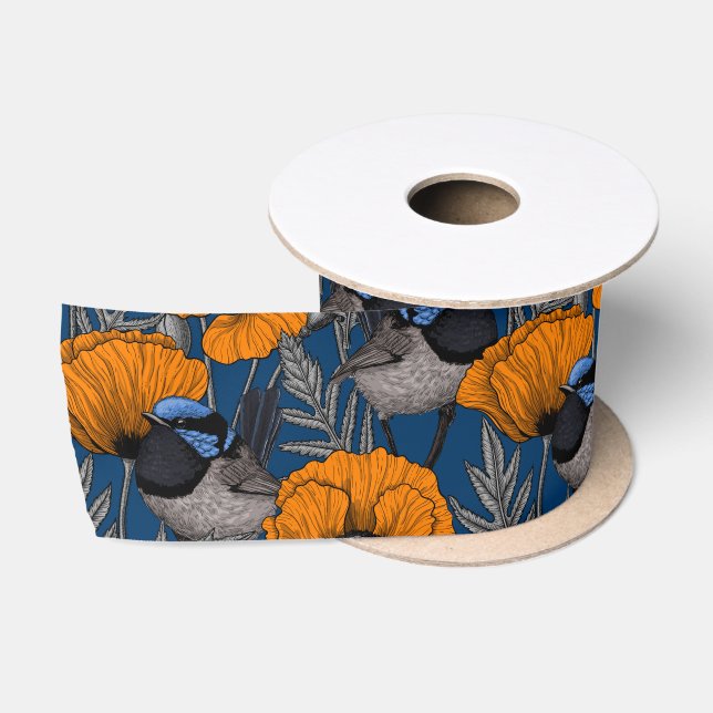 Fairy wrens and orange poppy flowers satin ribbon (Spool)