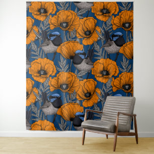 Fairy wrens and orange poppy flowers tapestry