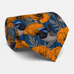 Fairy wrens and orange poppy flowers tie