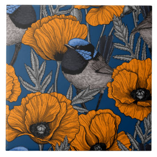 Fairy wrens and orange poppy flowers tile