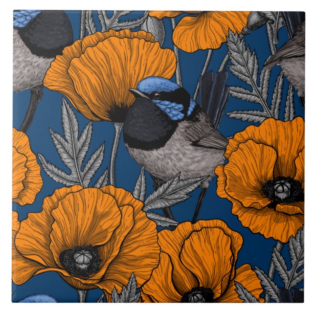 Fairy wrens and orange poppy flowers tile (Front)