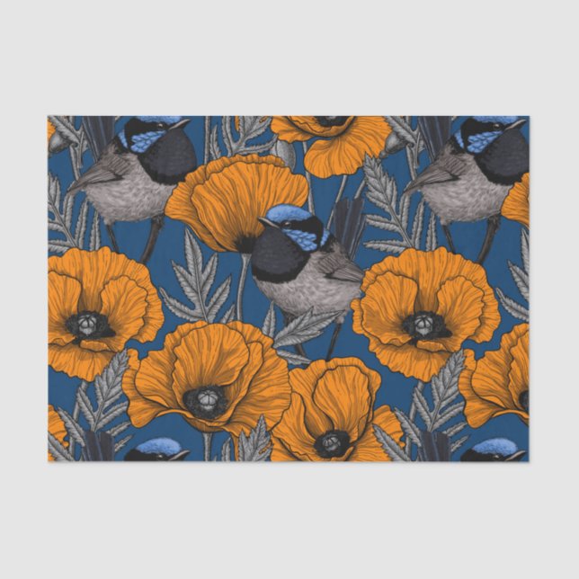 Fairy wrens and orange poppy flowers tissue paper (Front)